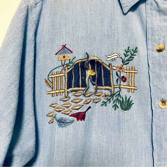 Vintage Denim Button Down Shirt Womens Embroidered Novelty Cottagecore Plus 1X - Picture 3 of 7